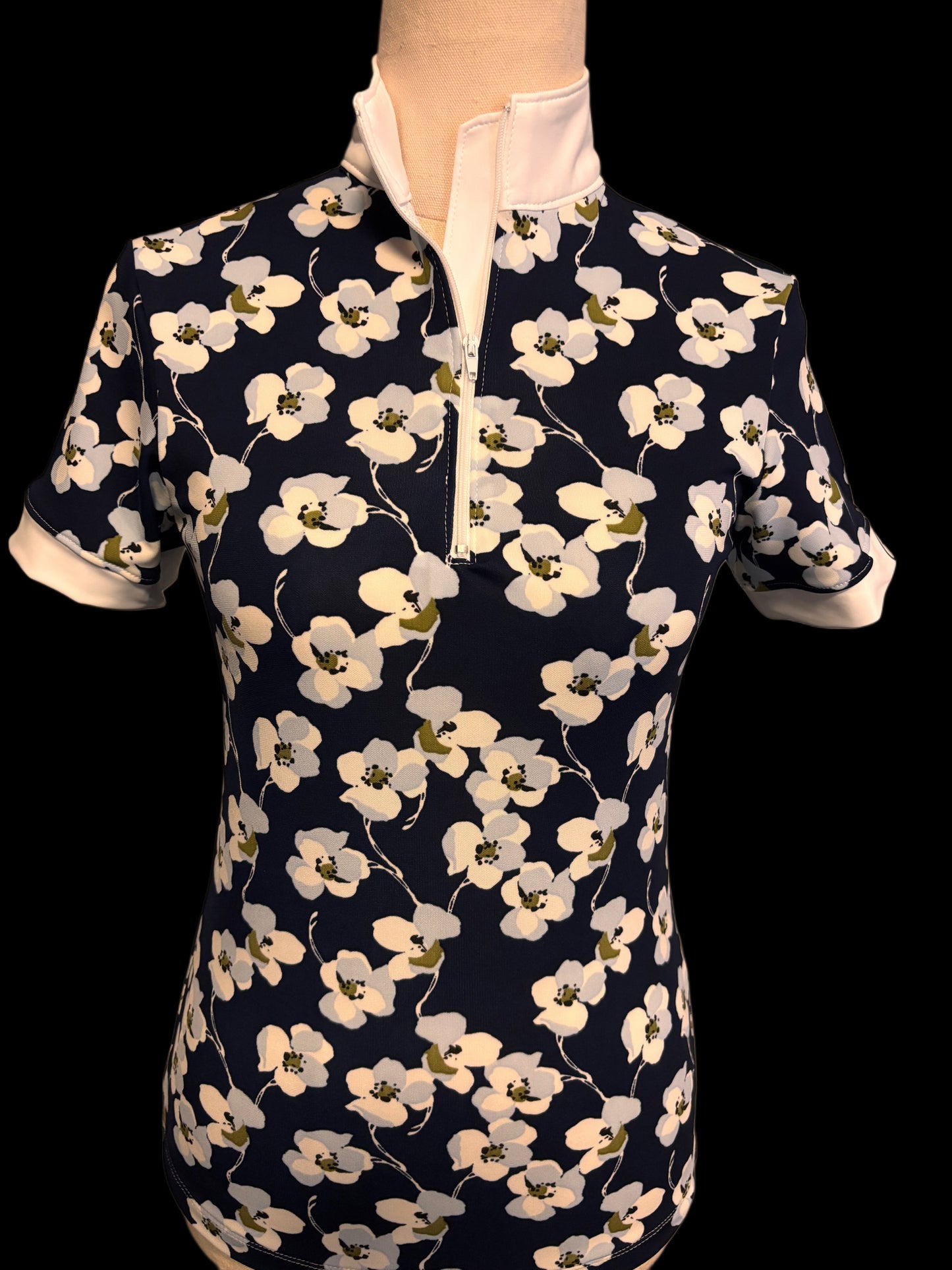 Women's Navy Floral Shirt with Collar and Zip- Emma Style | Chelle Designs