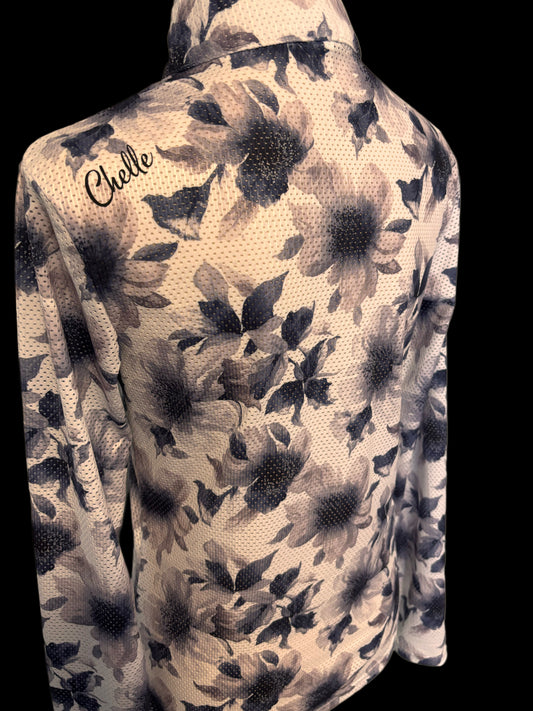 "Claire LW in Blue Floral Print Shirt - Australian Made Performance Mesh"
