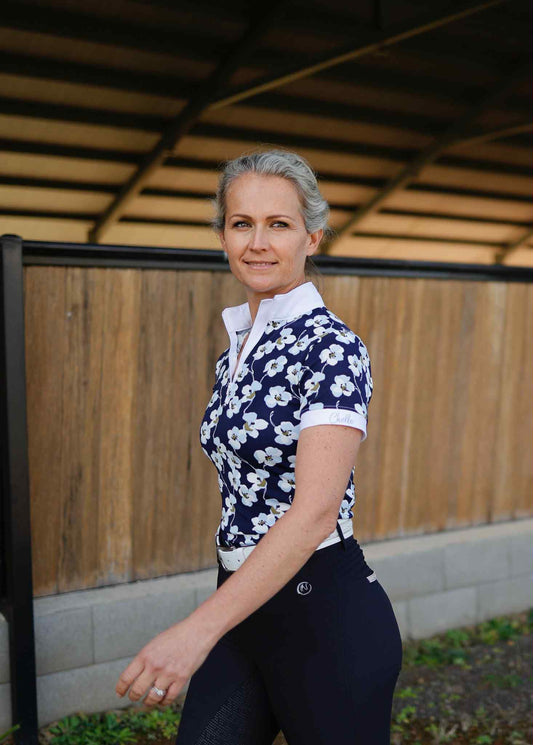 Women's Navy Floral Shirt with Collar and Zip- Emma Style | Chelle Designs